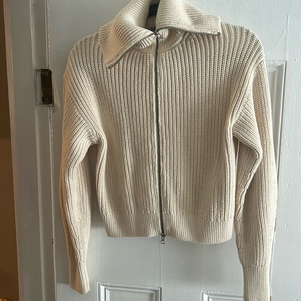 Everlane The Chunky Cream Ribbed Knit Double Zip Wide Collar Cardigan Size S